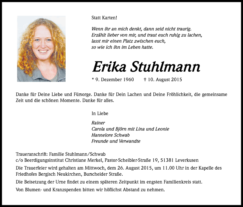 Traueranzeige für Erika Stuhlmann vom 22.08.2015 aus Kölner Stadt-Anzeiger / Kölnische Rundschau / Express