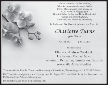 Anzeige von Charlotte Turns von  Wochenende 