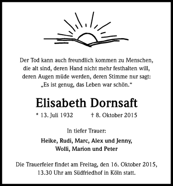 Anzeige von Elisabeth Dornsaft von Kölner Stadt-Anzeiger / Kölnische Rundschau / Express