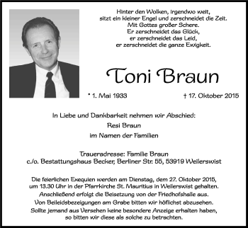 Anzeige von Toni Braun von Kölner Stadt-Anzeiger / Kölnische Rundschau / Express