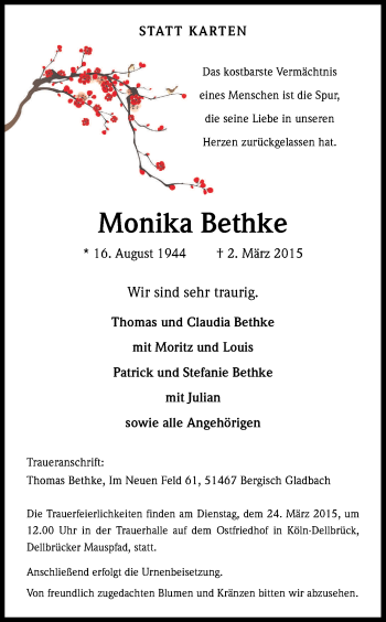 Anzeige von Monika Bethke von Kölner Stadt-Anzeiger / Kölnische Rundschau / Express