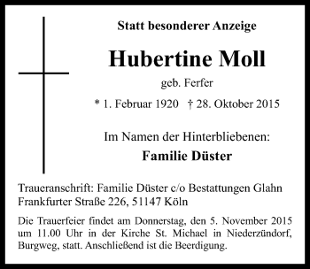 Anzeige von Hubertine Moll von  Kölner Wochenspiegel 