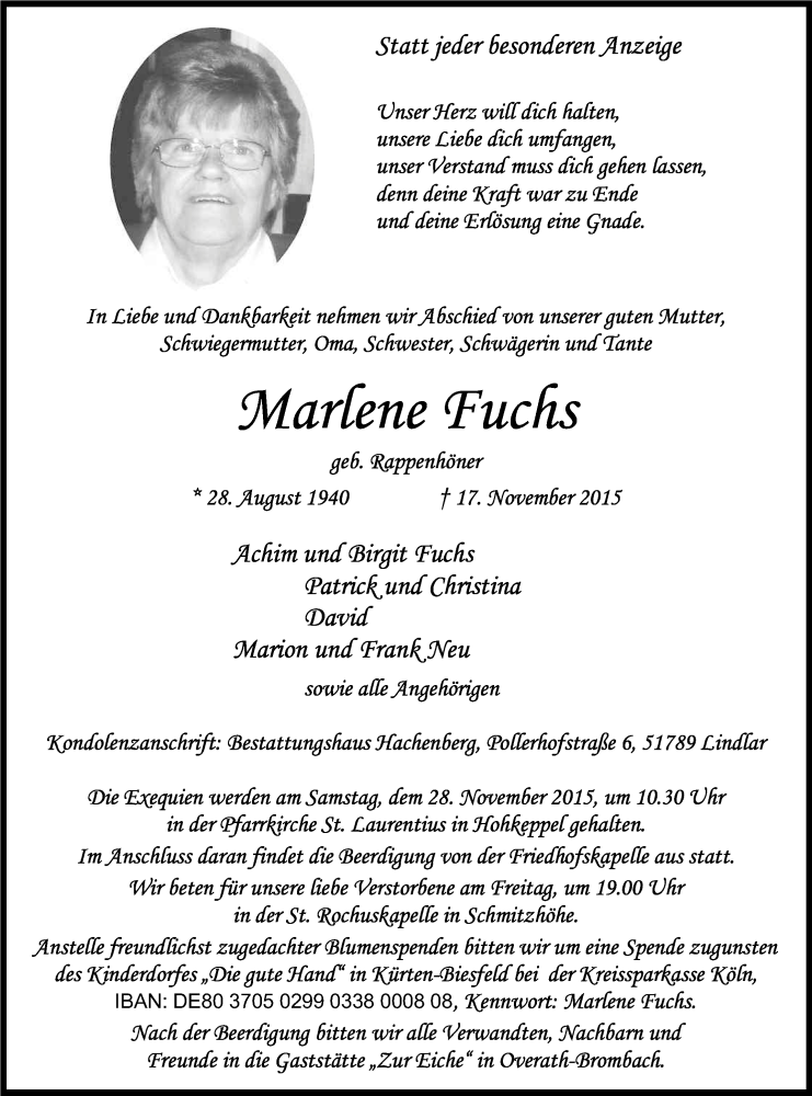  Traueranzeige für Marlene Fuchs vom 21.11.2015 aus Kölner Stadt-Anzeiger / Kölnische Rundschau / Express