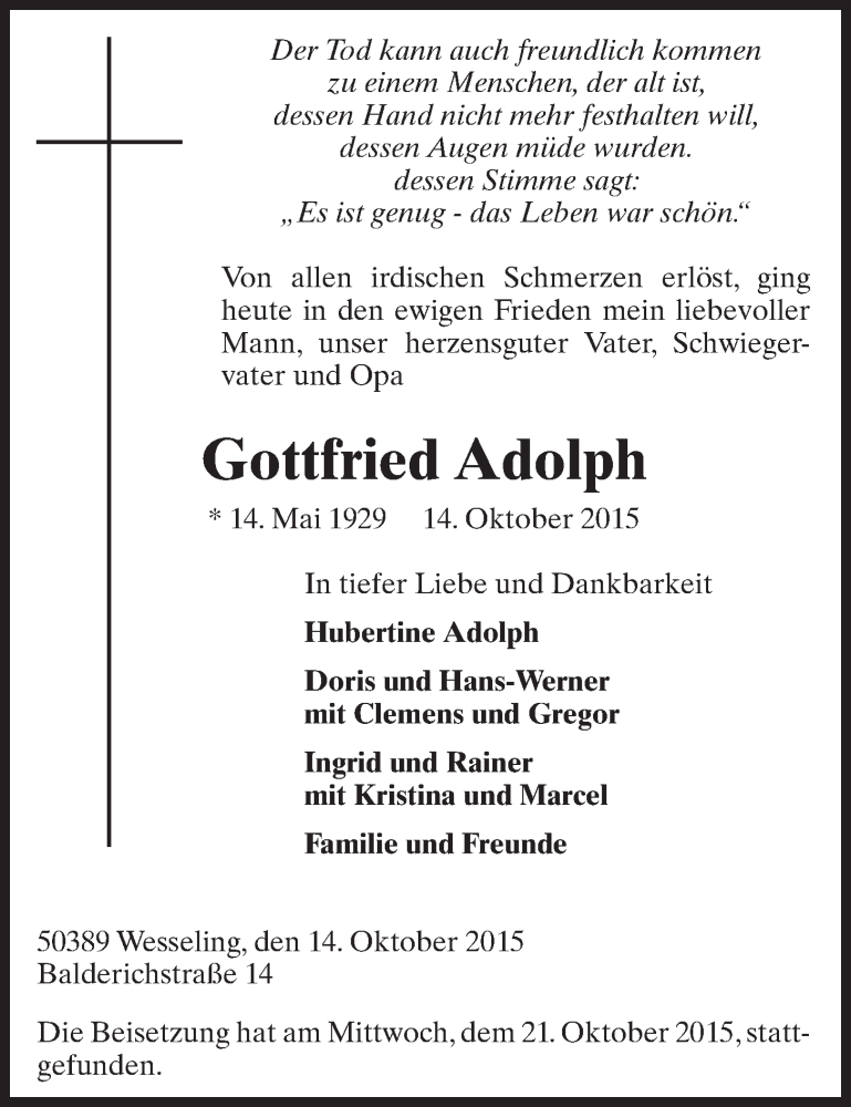  Traueranzeige für Gottfried Adolph vom 21.10.2015 aus  Schlossbote/Werbekurier 
