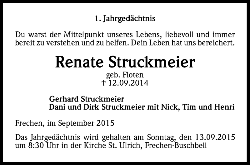  Traueranzeige für Renate Struckmeier vom 05.09.2015 aus Kölner Stadt-Anzeiger / Kölnische Rundschau / Express