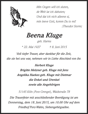 Anzeige von Beena Kluge von  Kölner Wochenspiegel 