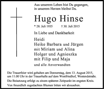 Anzeige von Hugo Hinse von Kölner Stadt-Anzeiger / Kölnische Rundschau / Express