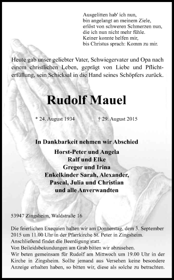 Anzeige von Rudolf Mauel von Kölner Stadt-Anzeiger / Kölnische Rundschau / Express