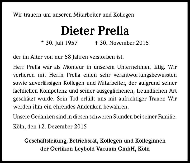  Traueranzeige für Dieter Prella vom 12.12.2015 aus Kölner Stadt-Anzeiger / Kölnische Rundschau / Express