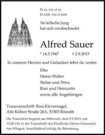 Anzeige von Alfred Sauer von Kölner Stadt-Anzeiger / Kölnische Rundschau / Express