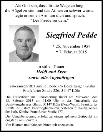 Anzeige von Siegfried Pedde von Kölner Stadt-Anzeiger / Kölnische Rundschau / Express