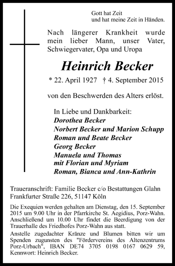 Anzeige von Heinrich Becker von  Kölner Wochenspiegel 