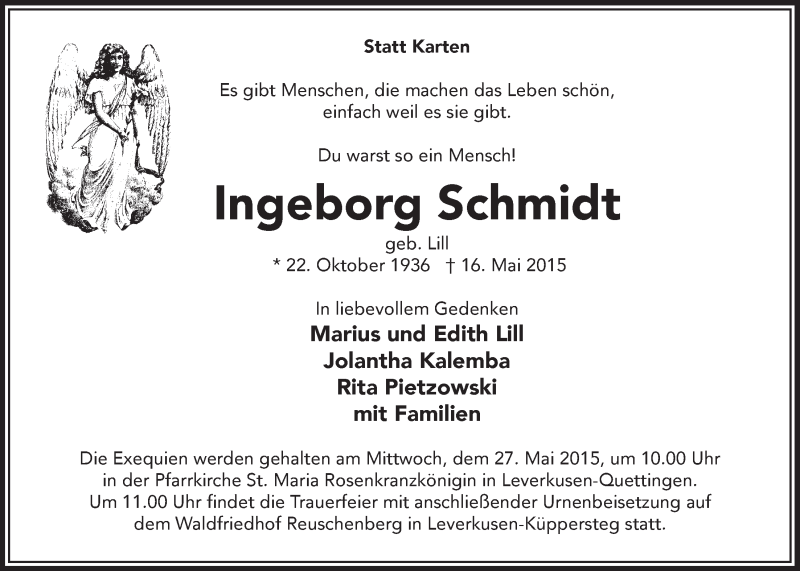  Traueranzeige für Ingeborg Schmidt vom 23.05.2015 aus  Leverkusener Wochenende 