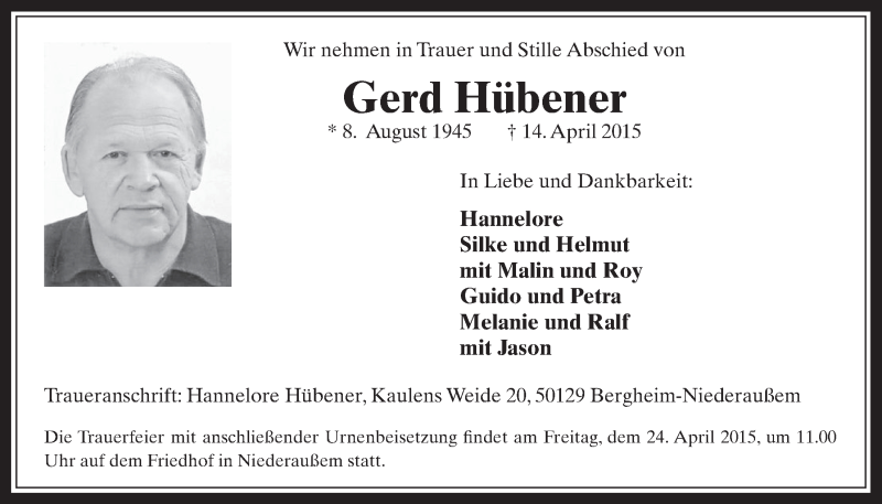  Traueranzeige für Gerd Hübener vom 22.04.2015 aus  Werbepost 