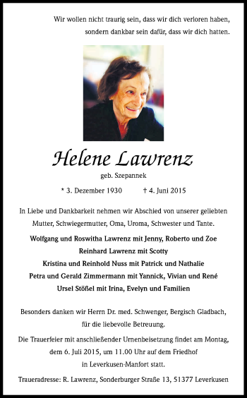 Anzeige von Helene Lawrenz von Kölner Stadt-Anzeiger / Kölnische Rundschau / Express