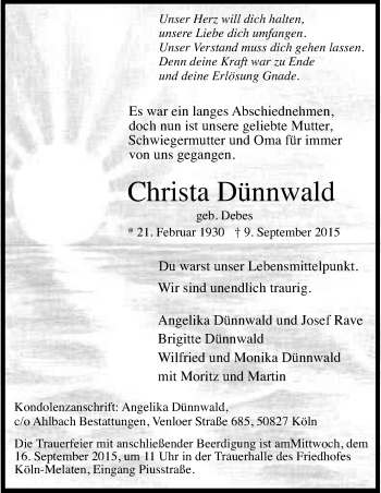 Anzeige von Christa Dünnwald von Kölner Stadt-Anzeiger / Kölnische Rundschau / Express