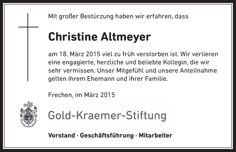  Traueranzeige für Christine Altmeyer vom 25.03.2015 aus  Wochenende 