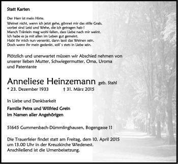 Anzeige von Anneliese Heinzemann von Kölner Stadt-Anzeiger / Kölnische Rundschau / Express
