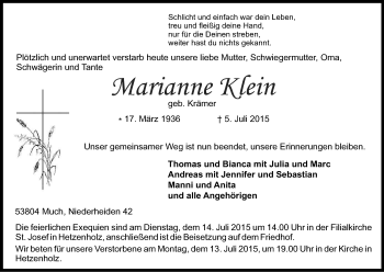 Anzeige von Marianne Klein von Kölner Stadt-Anzeiger / Kölnische Rundschau / Express