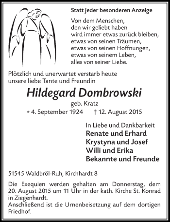 Anzeige von Hildegard Dombrowski von  Lokalanzeiger 