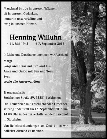 Anzeige von Henning Willuhn von Kölner Stadt-Anzeiger / Kölnische Rundschau / Express