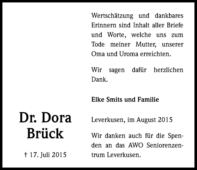  Traueranzeige für Dora Brück vom 15.08.2015 aus Kölner Stadt-Anzeiger / Kölnische Rundschau / Express