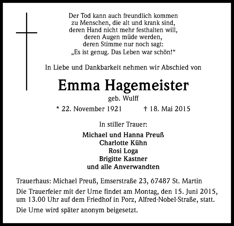  Traueranzeige für Emma Hagemeister vom 10.06.2015 aus Kölner Stadt-Anzeiger / Kölnische Rundschau / Express
