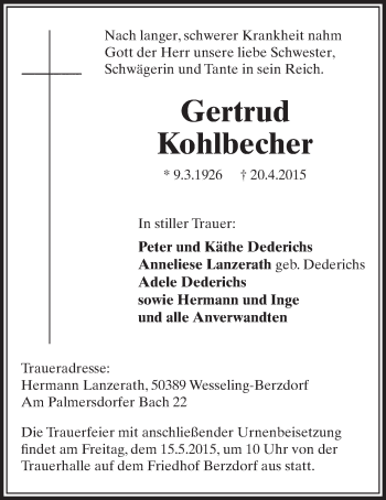 Anzeige von Gertrud Kohlbecher von  Schlossbote/Werbekurier 