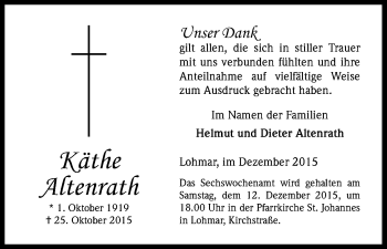 Anzeige von Käthe Altenrath von Kölner Stadt-Anzeiger / Kölnische Rundschau / Express
