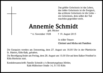 Anzeige von Annemie Schmidt von Kölner Stadt-Anzeiger / Kölnische Rundschau / Express