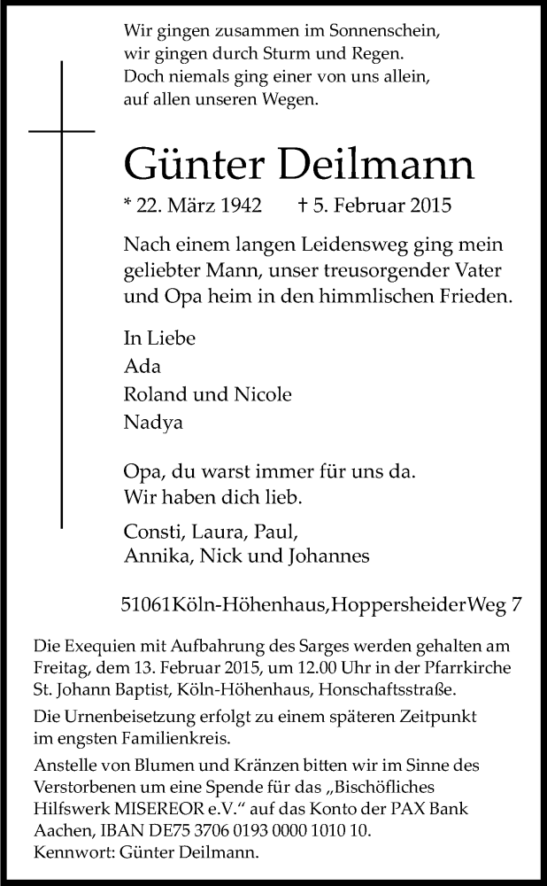  Traueranzeige für Günter Deilmann vom 11.02.2015 aus Kölner Stadt-Anzeiger / Kölnische Rundschau / Express