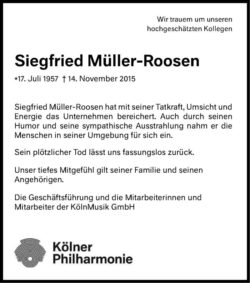  Traueranzeige für Siegfried Müller-Roosen vom 23.11.2015 aus Kölner Stadt-Anzeiger / Kölnische Rundschau / Express