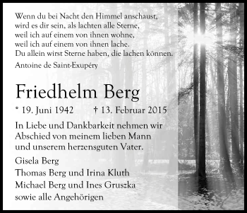Anzeige von Friedhelm Berg von Kölner Stadt-Anzeiger / Kölnische Rundschau / Express