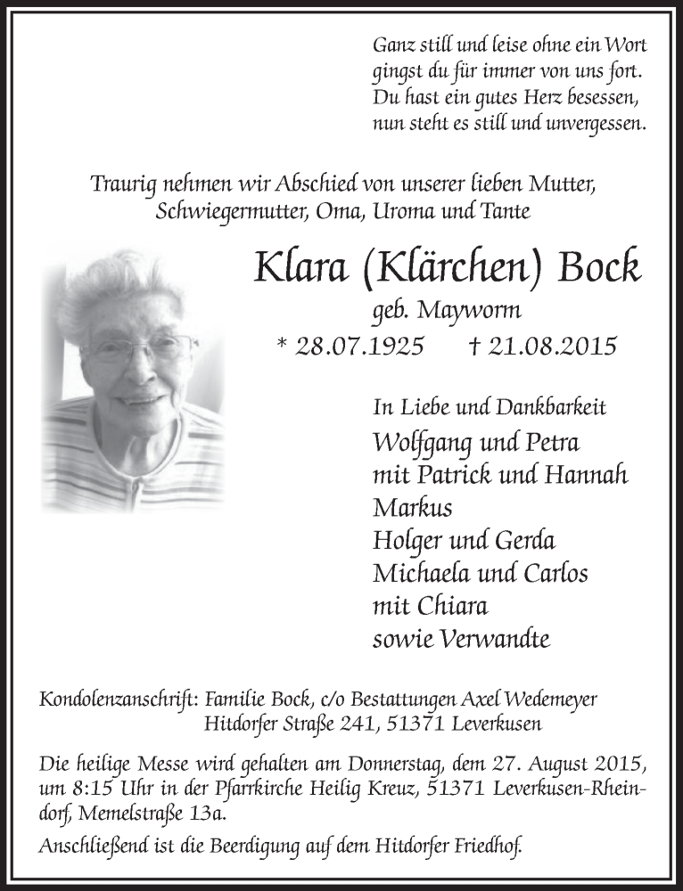 Traueranzeige für Klara Bock vom 26.08.2015 aus  Lokale Informationen 