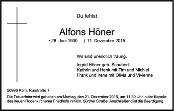 Anzeige von Alfons Höner von Kölner Stadt-Anzeiger / Kölnische Rundschau / Express