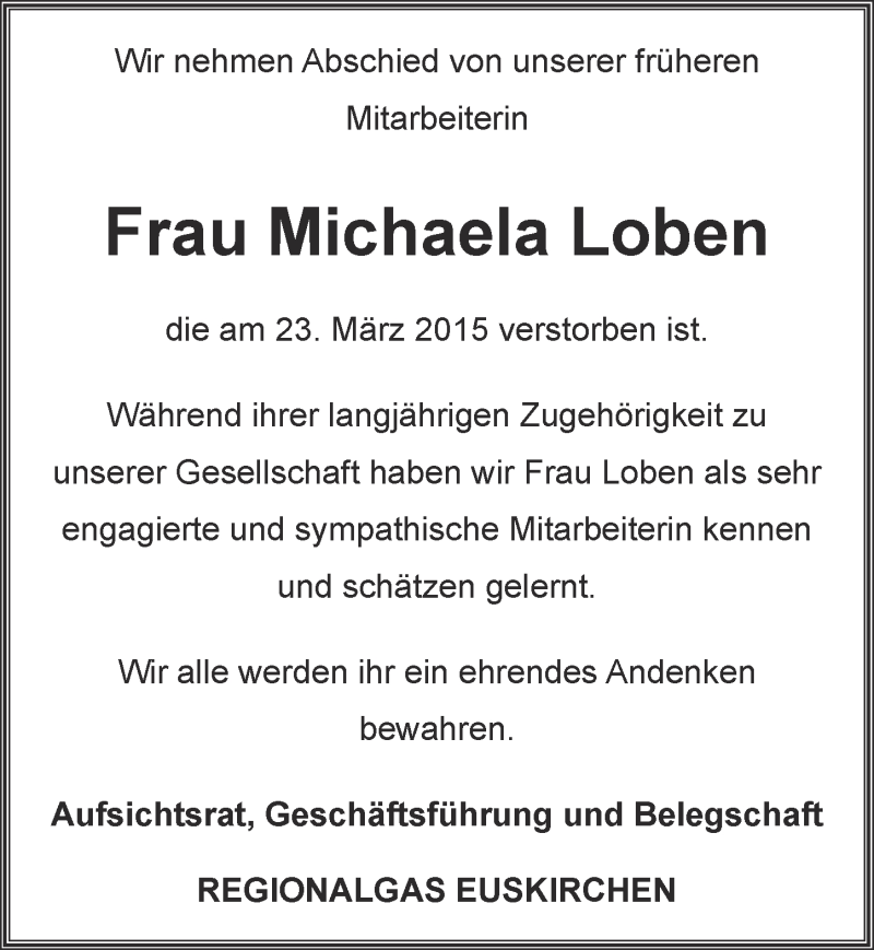  Traueranzeige für Michaela Loben vom 29.03.2015 aus  Blickpunkt Euskirchen 
