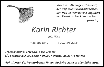 Anzeige von Karin Richter von Kölner Stadt-Anzeiger / Kölnische Rundschau / Express