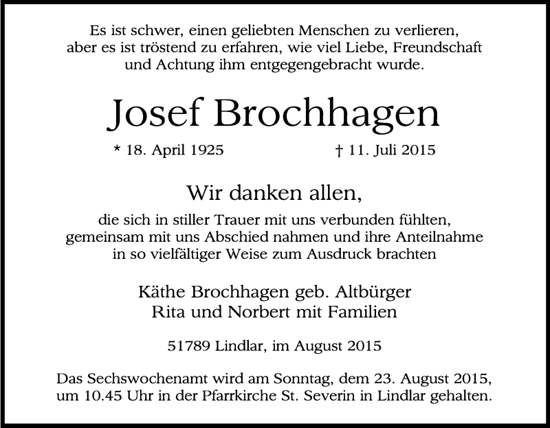  Traueranzeige für Josef Brochhagen vom 15.08.2015 aus Kölner Stadt-Anzeiger / Kölnische Rundschau / Express