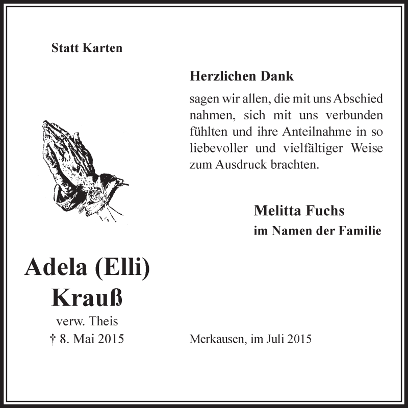  Traueranzeige für Adela  Krauß vom 01.07.2015 aus  Anzeigen Echo 