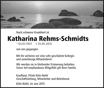 Anzeige von Katharina Rehms-Schmidts von Kölner Stadt-Anzeiger / Kölnische Rundschau / Express