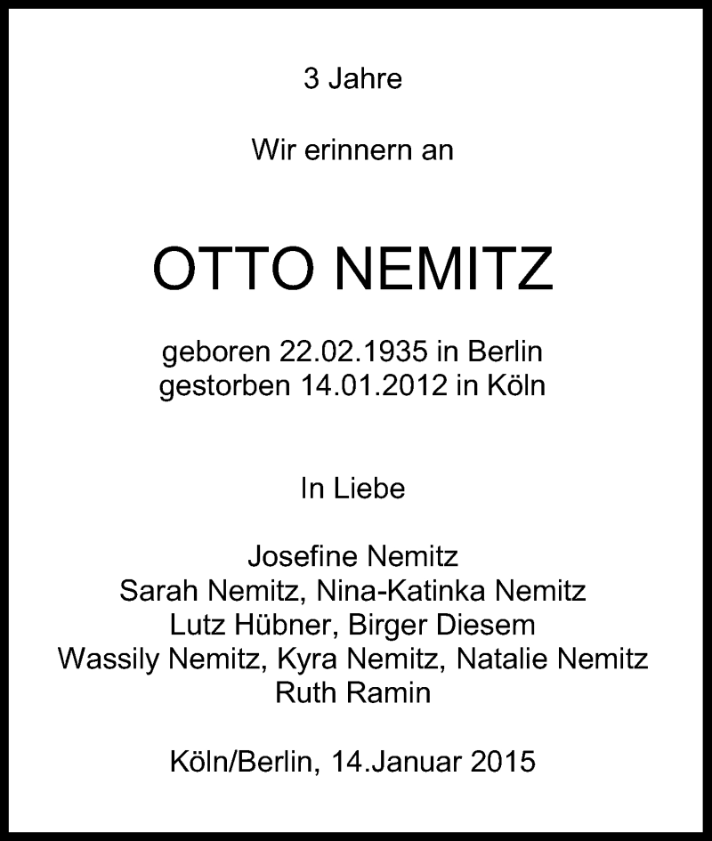  Traueranzeige für Otto Nemitz vom 14.01.2015 aus Kölner Stadt-Anzeiger / Kölnische Rundschau / Express