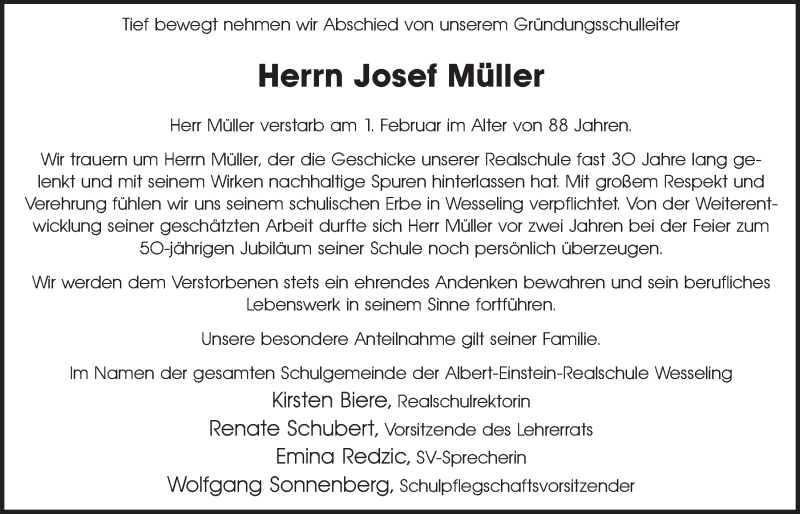  Traueranzeige für Josef Müller vom 11.02.2015 aus  Schlossbote/Werbekurier 