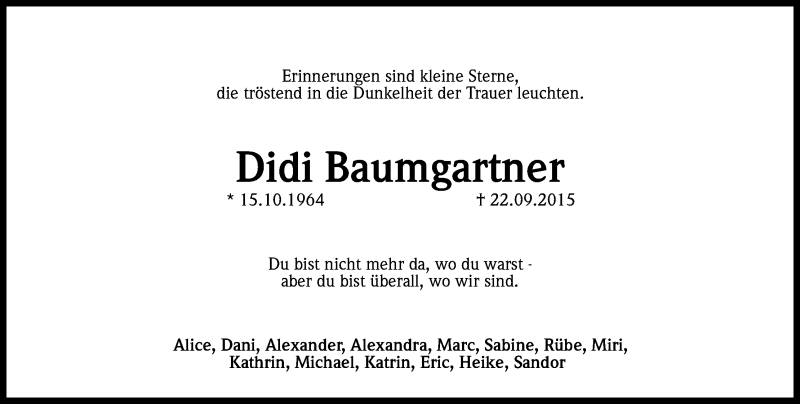  Traueranzeige für Didi Baumgartner vom 26.09.2015 aus Kölner Stadt-Anzeiger / Kölnische Rundschau / Express