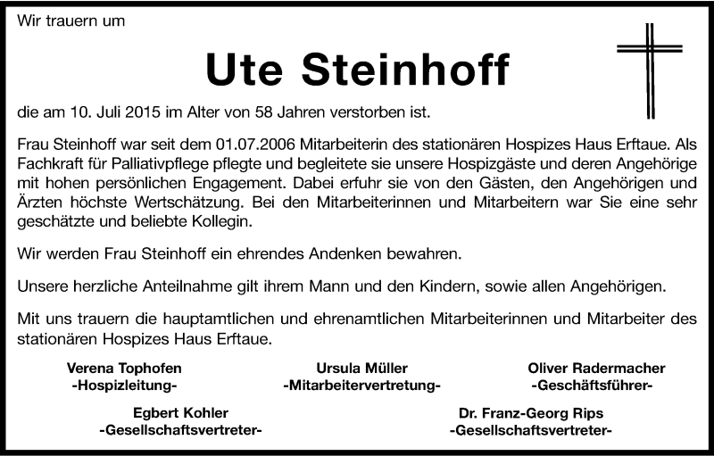  Traueranzeige für Ute Steinhoff vom 18.07.2015 aus Kölner Stadt-Anzeiger / Kölnische Rundschau / Express