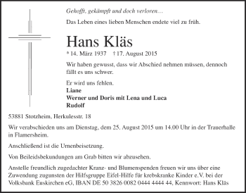 Anzeige von Hans Kläs von  Blickpunkt Euskirchen 