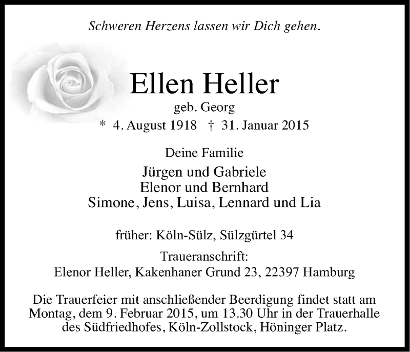  Traueranzeige für Ellen Heller vom 07.02.2015 aus Kölner Stadt-Anzeiger / Kölnische Rundschau / Express