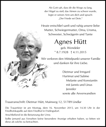 Anzeige von Agnes Hütt von Kölner Stadt-Anzeiger / Kölnische Rundschau / Express