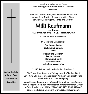 Anzeige von Milli Kaufmann von Kölner Stadt-Anzeiger / Kölnische Rundschau / Express