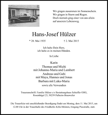 Anzeige von Hans-Josef Hülzer von Kölner Stadt-Anzeiger / Kölnische Rundschau / Express