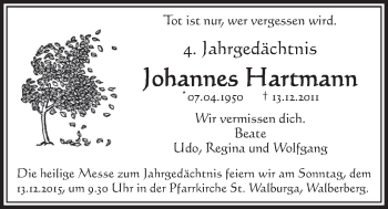 Anzeige von Johannes Hartmann von  Schlossbote/Werbekurier 